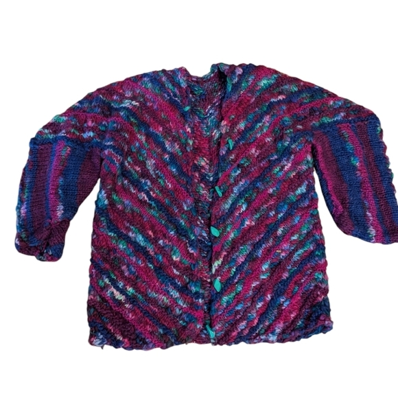 Hand knit artsy Warm oversized chunky Quality colorful plus size cardigan sz 3X - Picture 6 of 12